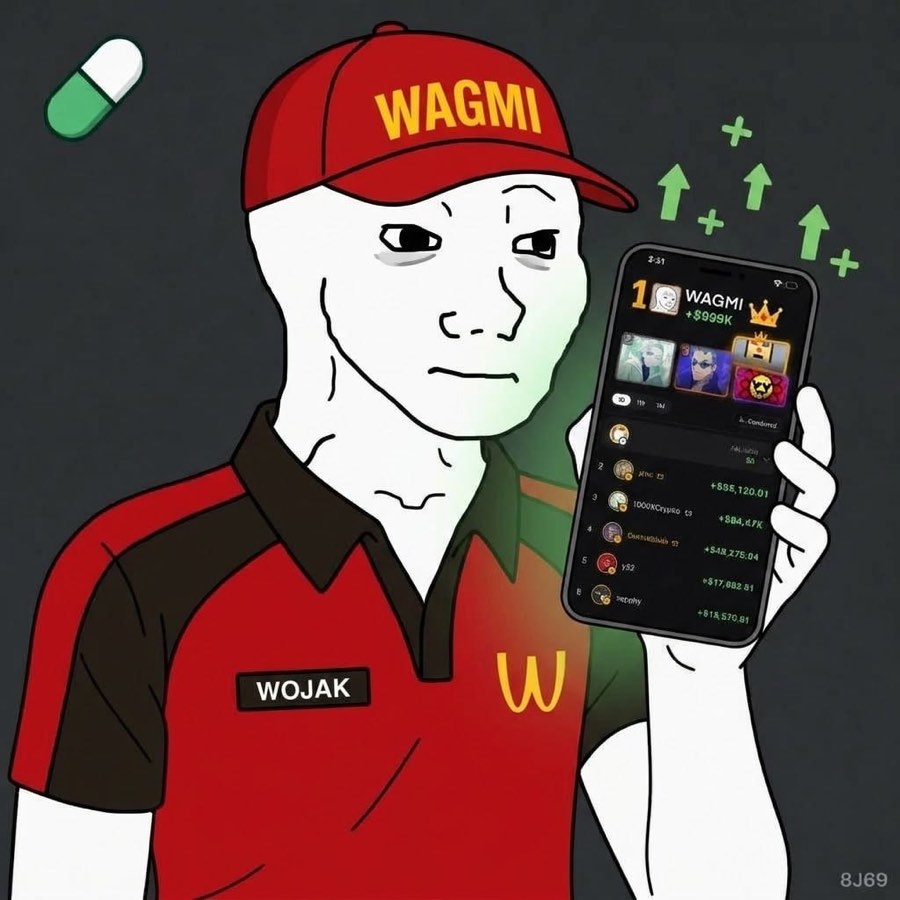 A wojak in a WAGMI cap holding a phone showing WAGMI up 999K